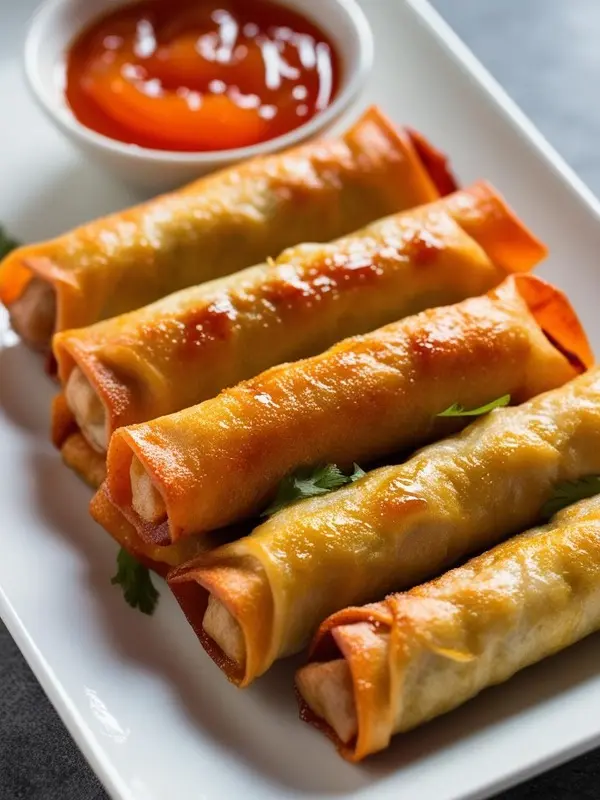 four golden-brown spring rolls are arranged on a white rectangular plate, garnished with a few sprigs of fresh parsley. a small white bowl filled with a vibrant orange dipping sauce sits in the upper left corner of the plate, ready to accompany the crispy rolls