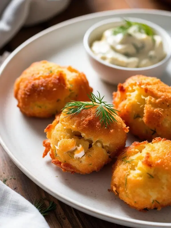 a close-up shot of four golden-brown cod fritters arranged on a white plate, garnished with fresh dill. a small white bowl of creamy dipping sauce sits beside them. the crispy texture and golden color of the fritters are highlighted, suggesting a delicious seafood appetizer or snack