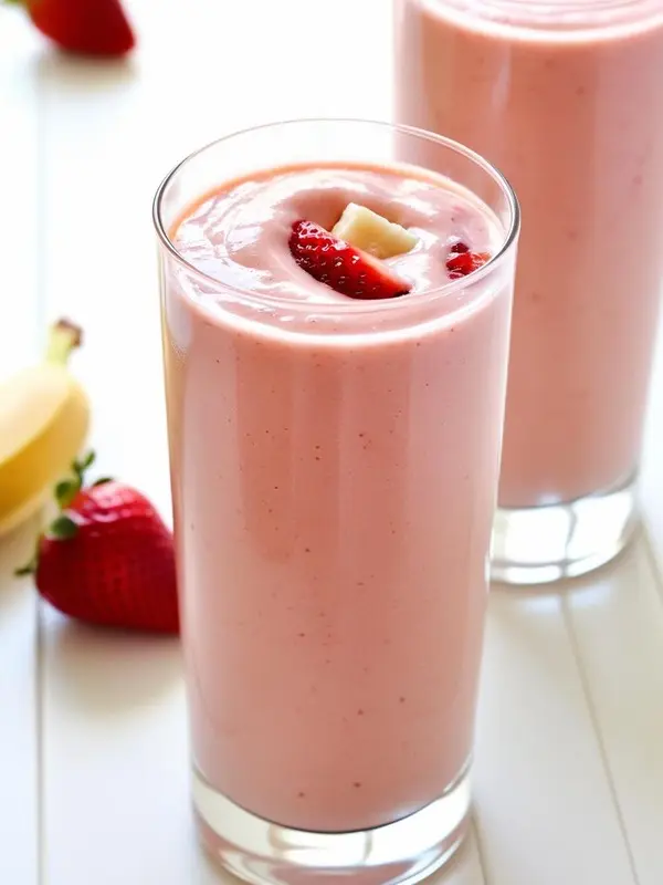 two tall glasses are filled with a pale pink strawberry banana smoothie, garnished with slices of strawberry and banana. a whole strawberry and a peeled banana sit on the white wooden surface beside the glasses. another strawberry is partially visible in the upper left corner