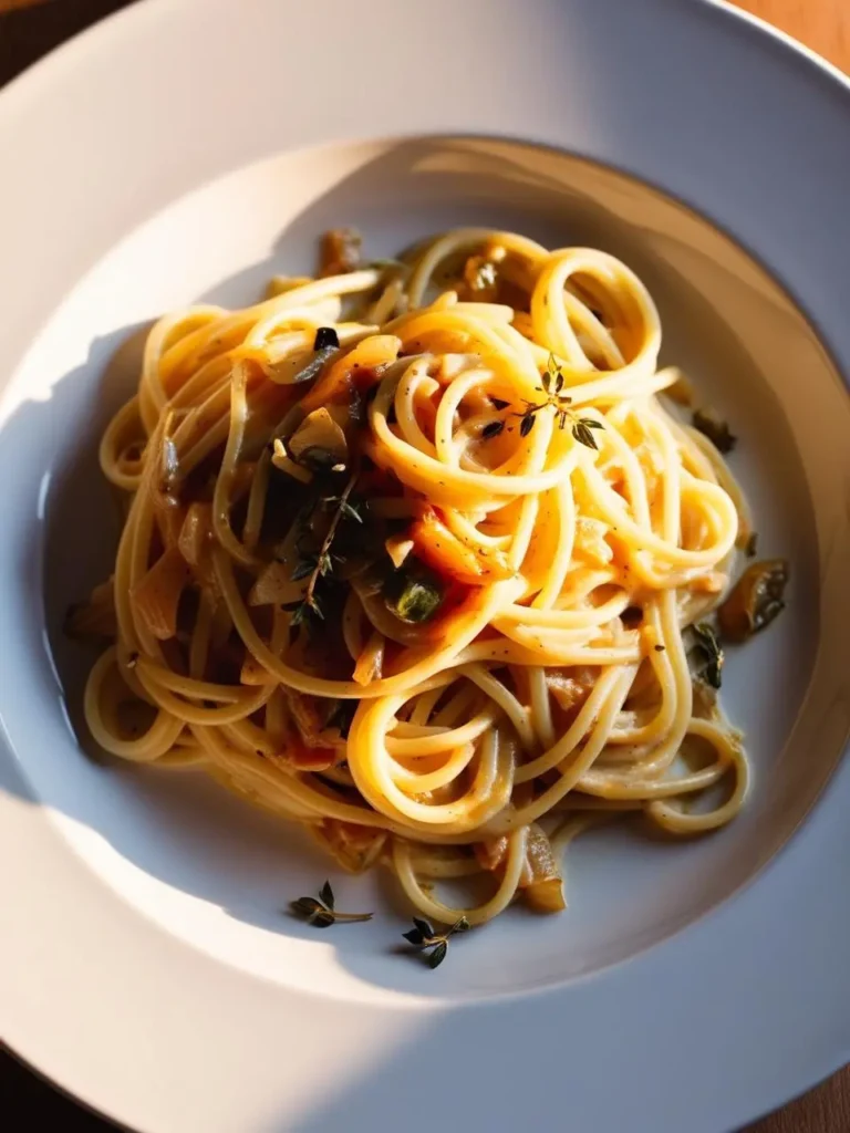 a close-up shot of spaghetti aglio e olio. the long strands of pasta are mixed with herbs and a light sauce. the pasta is presented on a white plate and is well lit. thyme sprigs are scattered around the plate