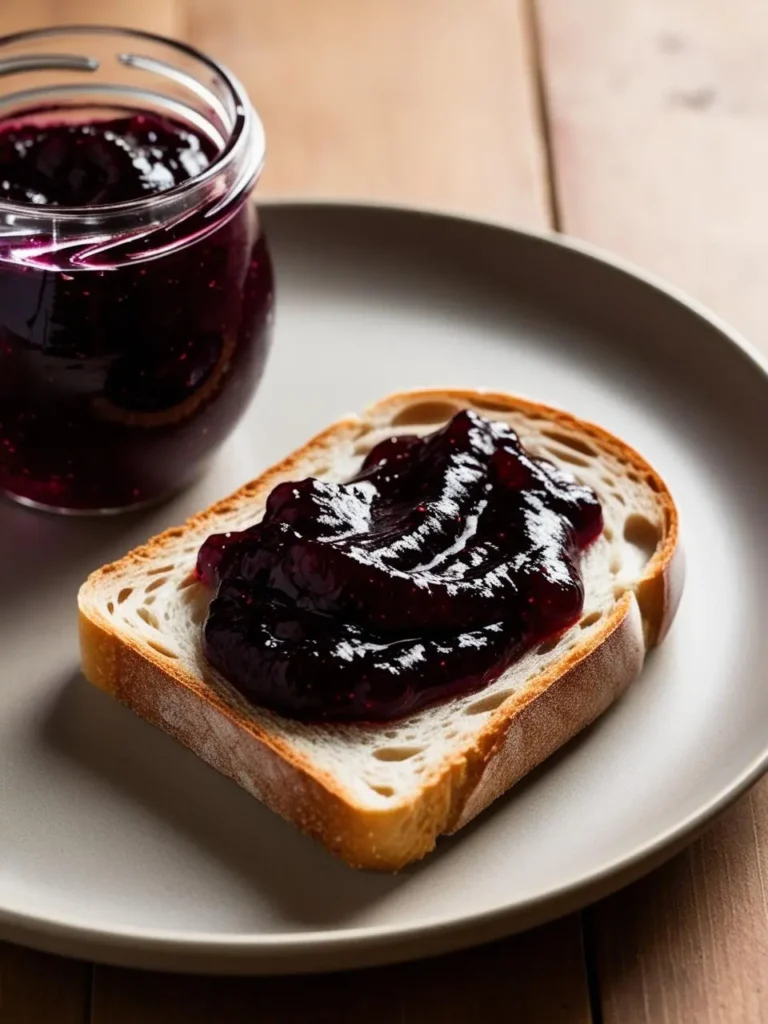 a close-up shot of a slice of toasted white bread spread generously with dark purple blueberry jam on a light gray plate. a clear glass jar filled with more blueberry jam sits in the background. the simple breakfast or snack is presented on a wooden surface