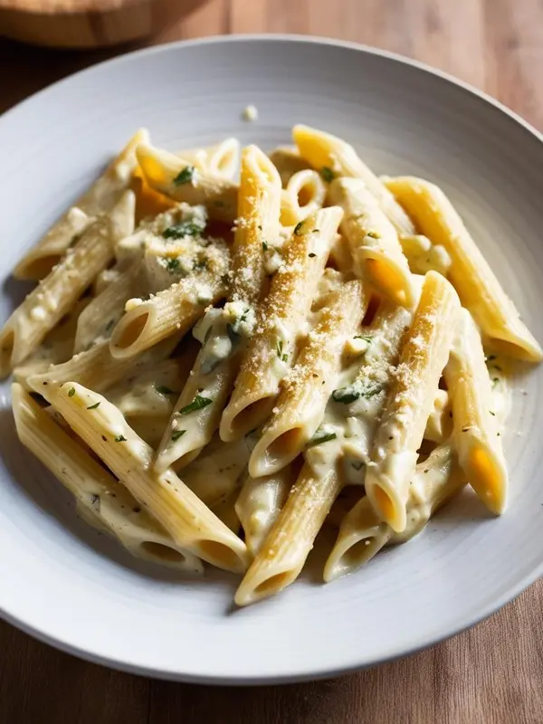 a white plate is filled with creamy penne pasta, generously coated in a light-colored sauce and sprinkled with grated cheese and fresh herbs. the pasta is arranged in a swirling pattern, highlighting the rich texture of the dish. it sits on a wooden surface