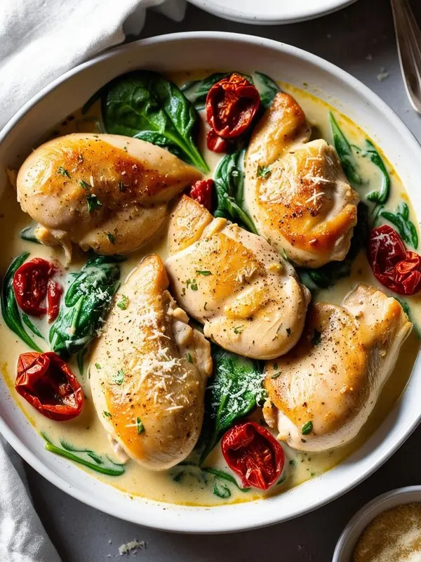a close-up overhead shot of creamy tuscan chicken in a white bowl. four golden-brown chicken breasts are nestled among wilted spinach and sun-dried tomatoes, all bathed in a creamy sauce. a fork rests on the side, and a beige condiment bowl is visible