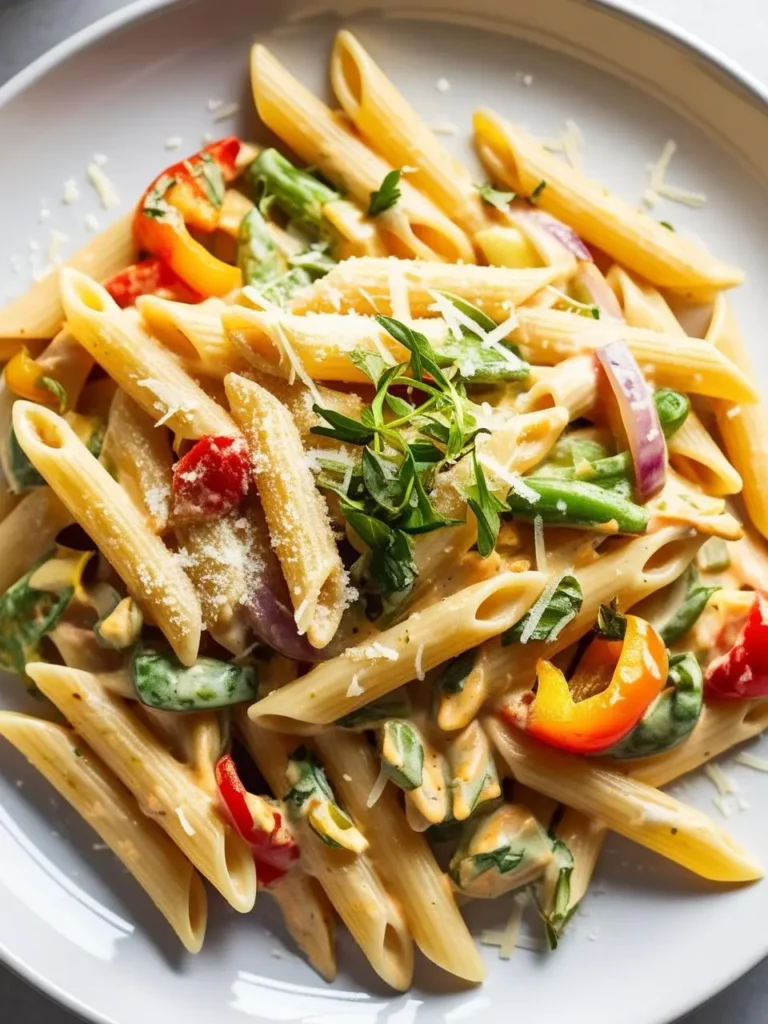 a close-up overhead shot of penne pasta mixed with colorful vegetables, including red and yellow bell peppers, green beans, and red onions, in a creamy sauce. a sprinkle of grated parmesan cheese and fresh herbs adorn the dish, presented on a white plate