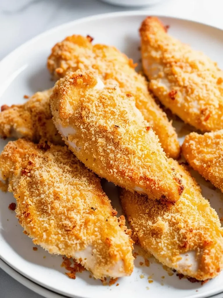 a close-up shot of several golden-brown, crispy baked chicken breasts on a white plate. the chicken is coated in breadcrumbs and appears juicy. the simple dish is presented on a white plate, suggesting a delicious and easy-to-make meal