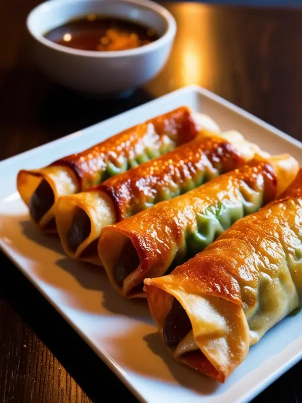 four golden-brown, slightly wrinkled spring rolls are lined up on a white rectangular plate. a small white bowl filled with a dark, glistening dipping sauce sits in the blurred background, suggesting a flavorful accompaniment to the crispy rolls