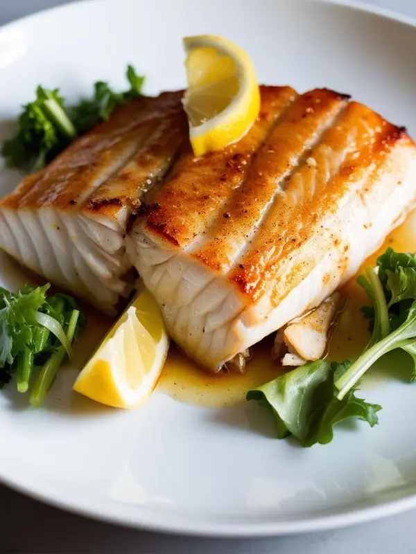 a close-up shot of two golden-brown, crispy barramundi fillets on a white plate, garnished with lemon wedges and fresh greens. the flaky white fish is drizzled with a light sauce, suggesting a flavorful and healthy seafood meal