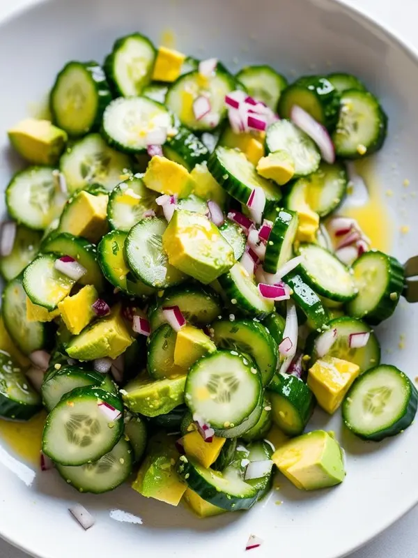 a refreshing cucumber avocado salad fills a white bowl, showcasing vibrant green slices of cucumber, creamy yellow avocado chunks, and sharp red onion slivers, lightly dressed and sprinkled with sesame seeds. a fork rests in the salad, ready to serve this simple and healthy dish