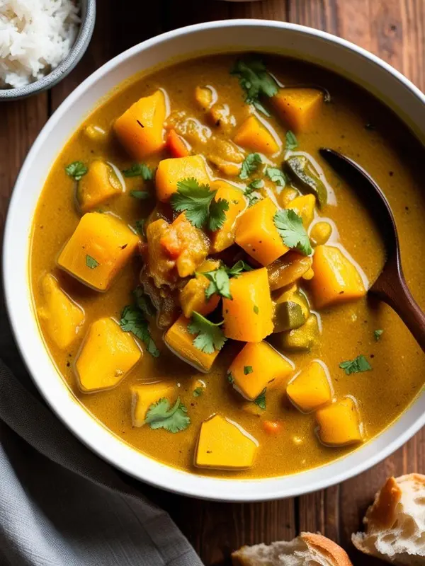 a close-up overhead shot of butternut squash coconut curry in a white bowl. chunks of bright orange butternut squash and green vegetables are simmered in a rich, golden-brown coconut milk curry sauce, garnished with fresh cilantro. a wooden spoon rests in the bowl, and a small bowl of white rice is visible in the corner