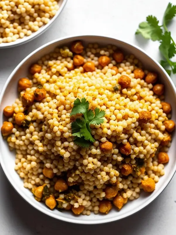 a bowl of golden israeli couscous is mixed with roasted chickpeas and chopped green herbs, garnished with fresh cilantro sprigs. another bowl of plain couscous sits slightly out of focus in the upper left corner, all presented on a light gray surface