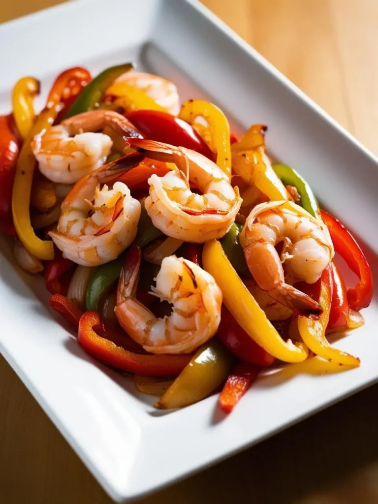 a white plate displays grilled shrimp mixed with vibrant red, green, and yellow bell peppers. the shrimp and peppers are slightly glistening, suggesting they were recently cooked. the dish is presented on a light brown wooden surface