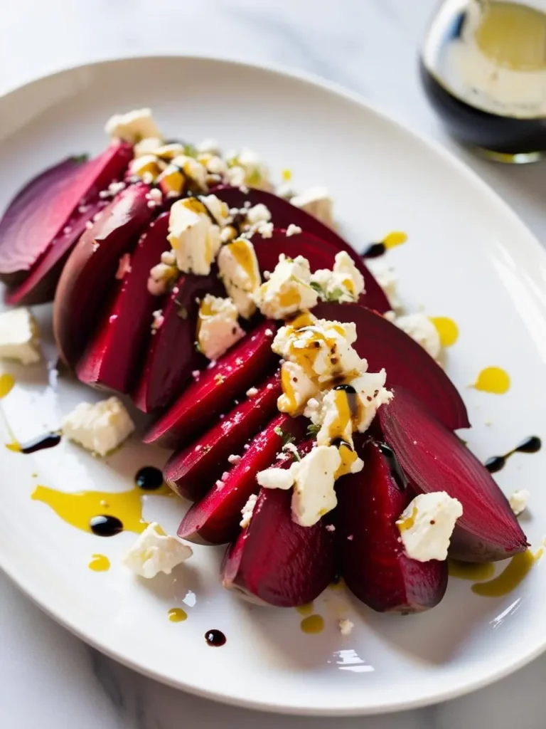 a close-up shot of a beet salad. slices of deep red beets are arranged on a white plate, topped with crumbled feta cheese and drizzled with a dark sauce. the salad is simple and elegant, highlighting the vibrant colors and textures of the ingredients
