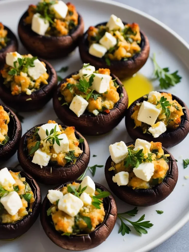 a close-up shot of a white plate filled with brown mushrooms stuffed with a creamy filling, topped with cubes of white feta cheese and fresh green herbs. the mushrooms are arranged neatly, suggesting a savory and elegant appetizer