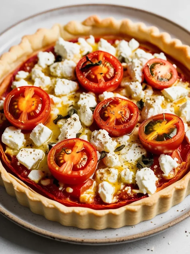 a close-up overhead shot of a colorful tomato and feta tart on a light gray plate. a flaky golden crust holds a vibrant red tomato base, topped with creamy white feta cheese and sliced red and yellow tomatoes, drizzled with olive oil and sprinkled with herbs. the delicious tart sits on a light gray surface