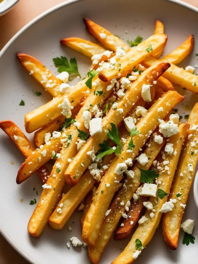 golden-brown french fries are topped with crumbled feta cheese and chopped fresh parsley. the fries are arranged on a light gray plate, suggesting a savory and flavorful dish