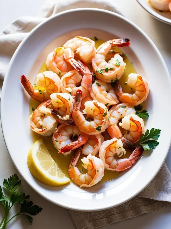 a white oval plate is filled with succulent pink shrimp, glistening in a light, buttery sauce and sprinkled with fresh parsley. a bright yellow lemon wedge sits on the side. the dish appears fresh and flavorful, suggesting a simple yet elegant seafood meal