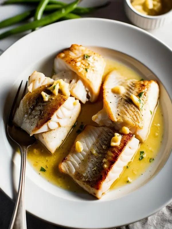 a close-up shot of pan-seared fish fillets in a light sauce on a white plate. four flaky white fish fillets are drizzled with a pale yellow sauce and garnished with small pieces, possibly pine nuts and herbs. a fork rests on the side of the plate, and green beans are visible in the blurred background
