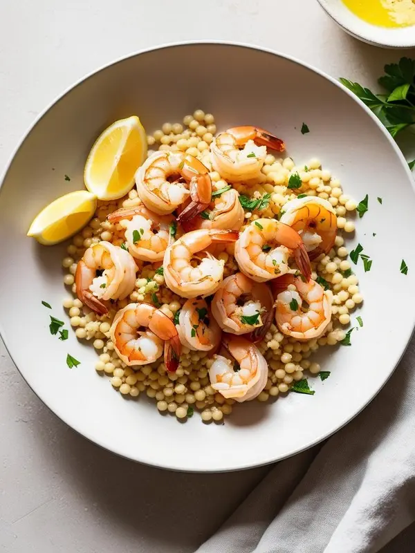 a white bowl is filled with pearl couscous and topped with succulent shrimp. lemon wedges and fresh parsley add a bright touch. a small dish of sauce and a white napkin are visible in the background, set against a light gray surface