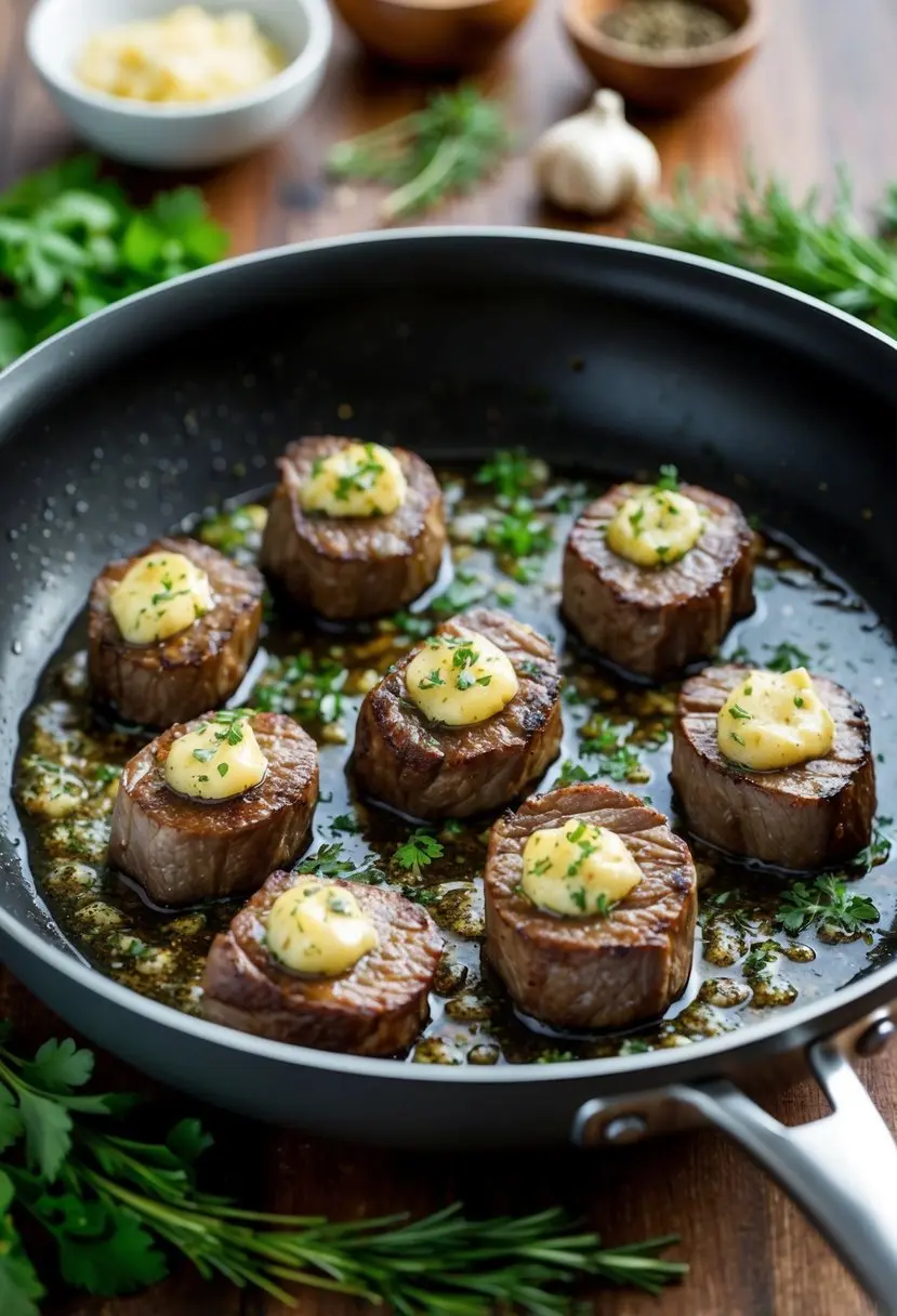 a close-up shot of garlic butter steak bites in a pan. seven round pieces of steak are topped with a pat of melted butter and chopped parsley. the pan is surrounded by fresh rosemary and garlic