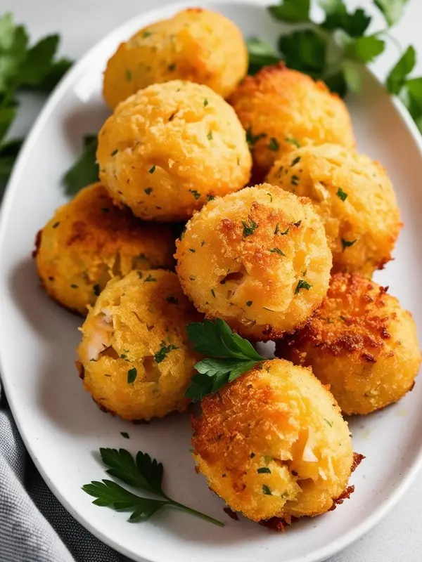 a close-up overhead shot of a white oval platter piled with golden-brown arancini, garnished with fresh green parsley. the crispy rice balls appear to have a savory filling. a gray and white patterned napkin rests beneath the platter on a light gray surface