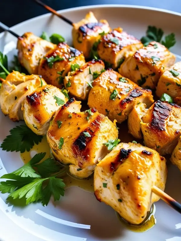 a skewer of garlic-yogurt-marinated chicken kabobs, showing tender, slightly charred pieces of chicken. the marinade likely created a creamy coating before grilling