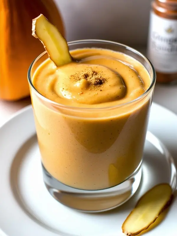 a close-up shot of a creamy, pale orange smoothie in a clear glass on a white saucer. the smoothie is topped with a sprinkle of brown spice and a thin slice of ginger. a piece of ginger rests on the saucer, and a jar of spice is blurred in the background