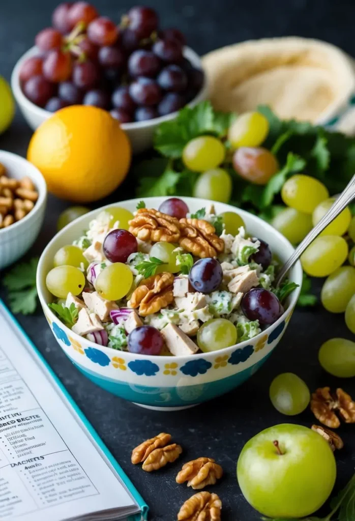 a colorful bowl holds chicken salad mixed with red and green grapes, garnished with walnuts. a spoon rests in the salad, with grapes, an orange, and walnuts surrounding the bowl. the image focuses on the fresh ingredients and vibrant colors