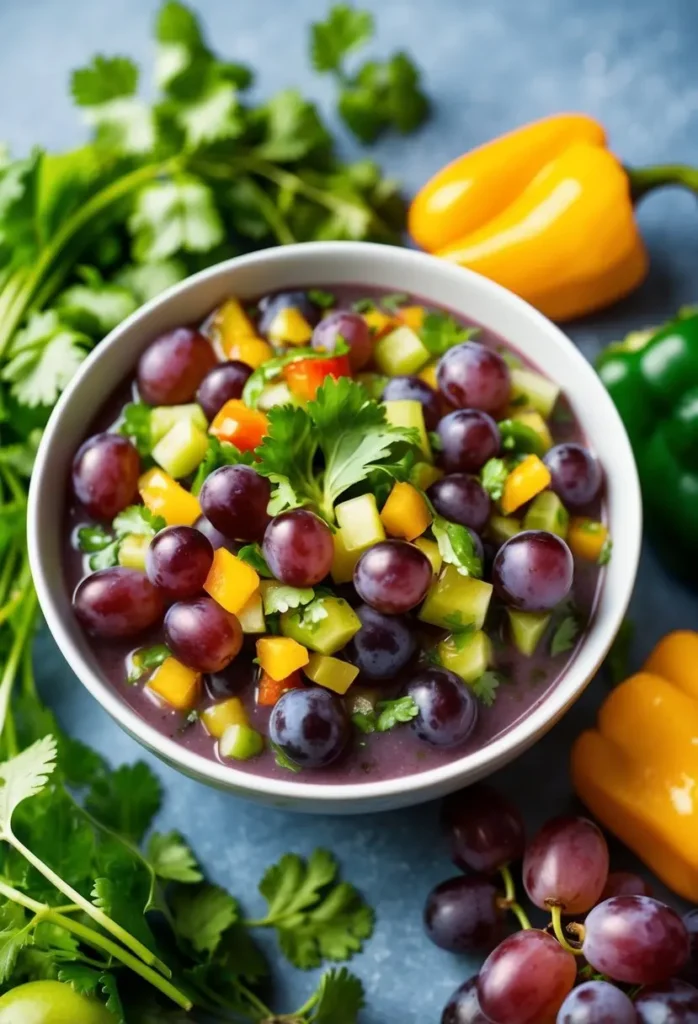 a close-up shot of a colorful black bean and mango salad in a bowl. the salad includes chunks of mango, red grapes, and green cucumbers, mixed with fresh cilantro. the vibrant and refreshing salad sits on a blue surface, surrounded by fresh cilantro, yellow and green bell peppers