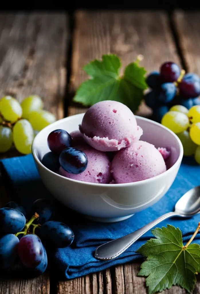 a close-up shot of pale purple grape ice cream in a white bowl, garnished with fresh dark grapes and green grape leaves. the bowl sits on a blue cloth on a rustic wooden surface, with bunches of green and dark grapes surrounding it. a silver spoon rests beside the bowl
