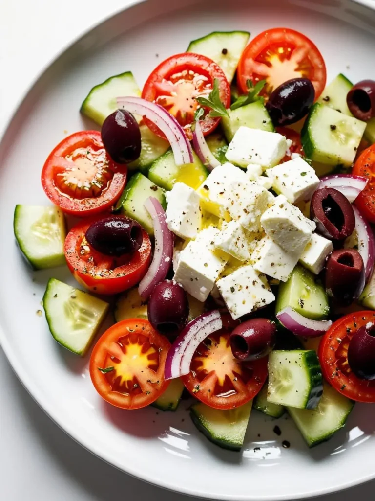 a close-up shot of a greek salad on a white plate. chunks of feta cheese are surrounded by halved tomatoes, sliced cucumbers, kalamata olives, and red onion rings, drizzled with olive oil and sprinkled with oregano. the vibrant and fresh salad is presented in a bright setting
