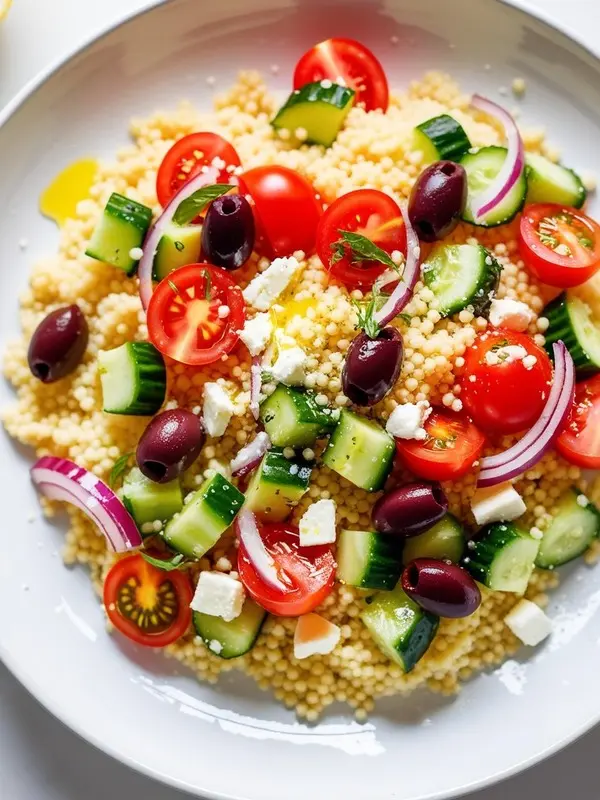 a vibrant couscous salad bursts with color from halved cherry tomatoes, diced cucumbers, and slivered red onions, all tossed with fluffy couscous and briny black olives, topped with small cubes of white feta cheese and fresh green herbs on a white plate