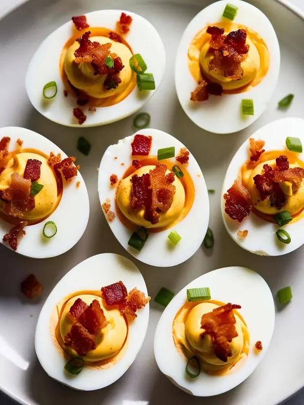 six deviled eggs are arranged on a white plate. each halved egg white cup holds a creamy yellow filling, topped with crumbled crispy bacon and chopped green onions. the eggs are presented close-up, highlighting the textures and colors of this appetizer