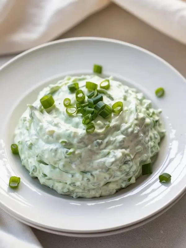 a creamy, pale green dip, likely tzatziki or a green onion dip, is presented on a white plate. it's generously topped with freshly chopped green onions. the dip has a slightly textured appearance and sits against a light-colored surface with a soft white cloth in the background