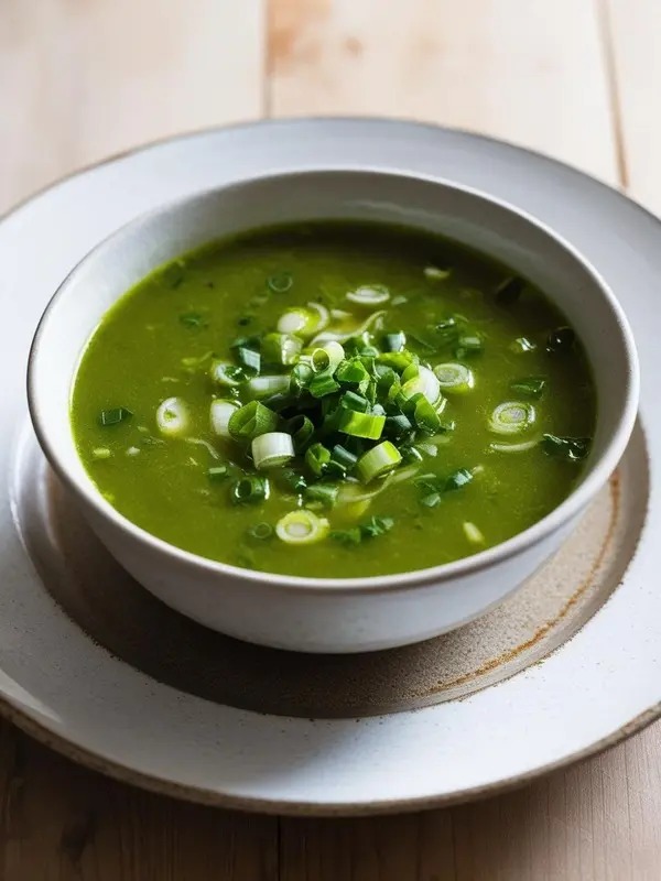 a creamy, vibrant green soup, possibly pea or green onion, is presented in a white bowl. chopped green onions are sprinkled on top. the soup sits on a white plate with a blurred background. the light suggests a fresh, healthy dish