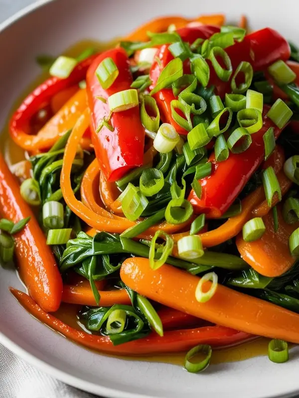 a vibrant stir-fry features bright orange carrots and red bell peppers with crisp green onions. the vegetables are coated in a glossy sauce and arranged in a white bowl, highlighting their fresh colors and textures