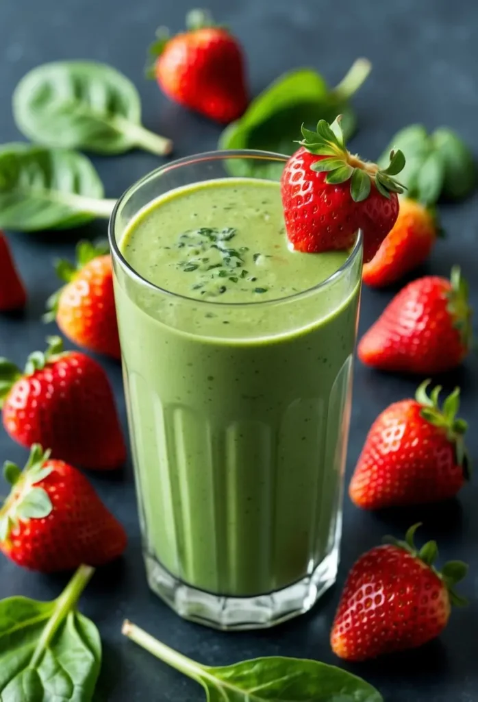 a glass of vibrant green smoothie is topped with a fresh strawberry. several whole strawberries and spinach leaves are scattered around the glass on a dark surface, highlighting the smoothie's color and ingredients. the scene suggests a healthy and refreshing drink