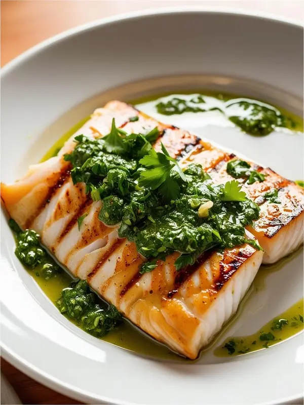 a close-up shot of two grilled fish fillets on a white plate, topped with vibrant green herb salsa verde. the fish has visible grill marks and the bright green salsa contrasts with the white plate. the dish is well-lit, highlighting the textures and colors