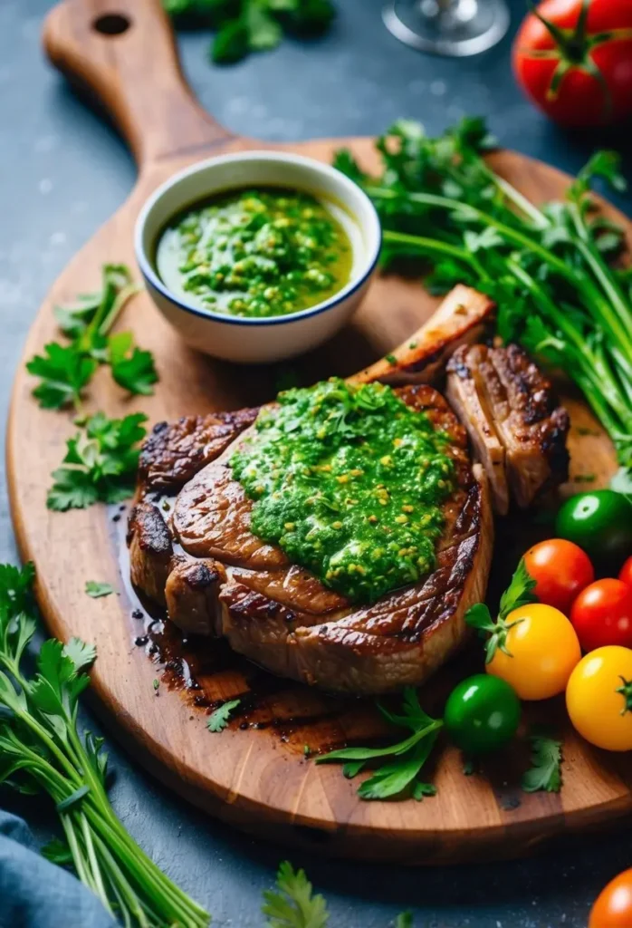 a close-up shot of a grilled ribeye steak on a wooden board, topped with bright green chimichurri sauce. the steak is surrounded by fresh parsley, tomatoes, and a small bowl of chimichurri. the steak appears juicy and well-seasoned