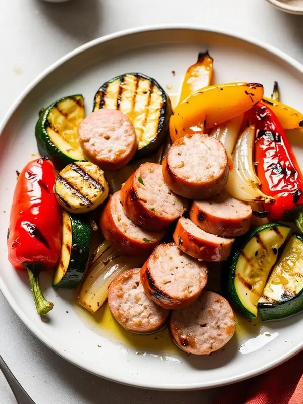a white plate features sliced grilled turkey kielbasa alongside colorful grilled vegetables like zucchini, bell peppers, and onions. the sausage and vegetables are slightly charred, suggesting a flavorful and healthy meal. the presentation is simple and appetizing