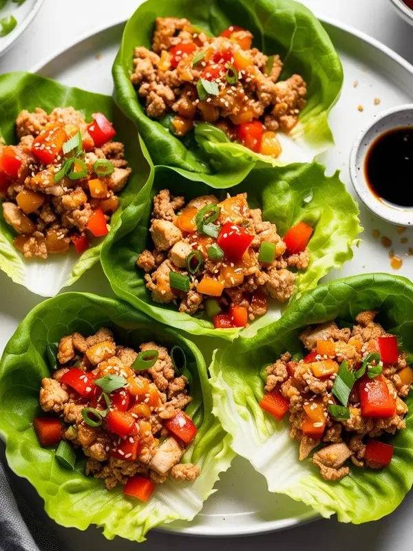 a close-up overhead shot of five vibrant green lettuce wraps filled with a savory mixture of ground chicken, diced red and yellow bell peppers, and green onions, sprinkled with sesame seeds. a small bowl of dark sauce sits on the white plate, suggesting a fresh and flavorful asian-inspired dish