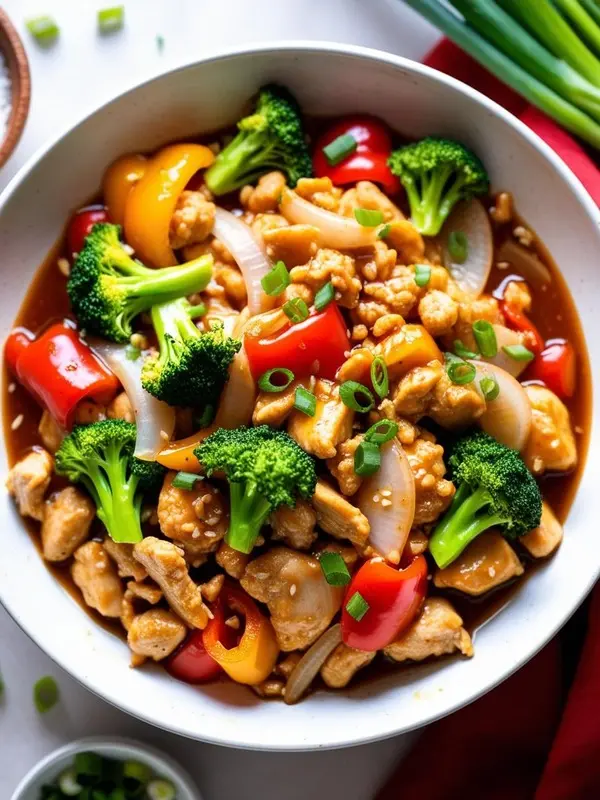 a close-up shot of a white bowl filled with stir-fried chicken, broccoli, red and yellow bell peppers, and onions, served with brown rice. chopsticks rest on the edge of the bowl, which sits on a white surface with scattered green onions and cilantro