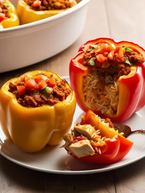 a close-up shot of colorful stuffed bell peppers on a white plate and in a white baking dish. the peppers, in red and yellow, are halved and filled with a mixture of rice, ground meat, and diced tomatoes, garnished with fresh herbs. a fork rests near a cut pepper on the plate