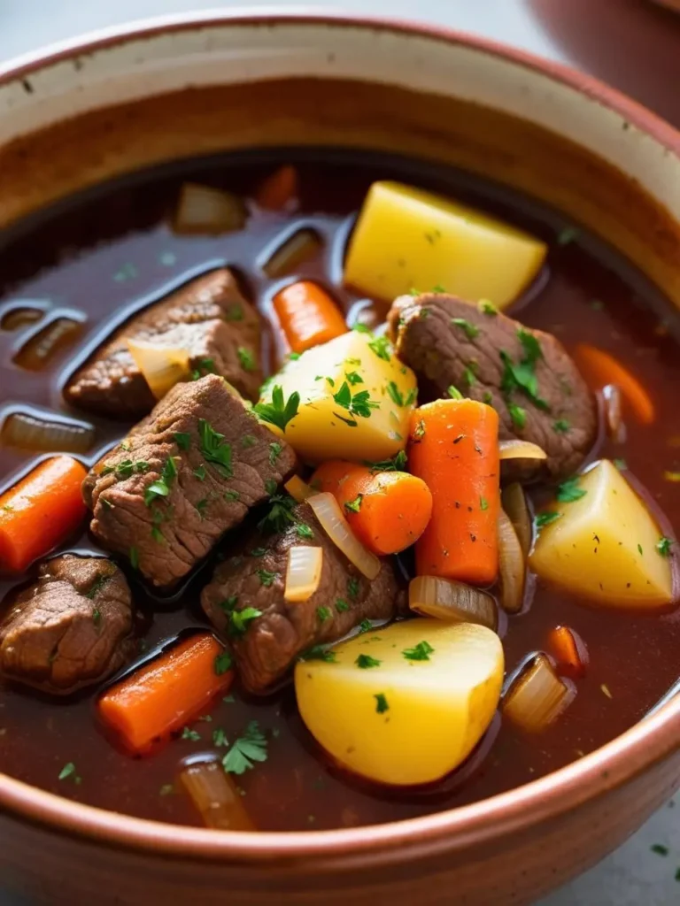 a close-up shot of a hearty irish stew in a beige bowl. tender chunks of beef are simmered with sliced carrots and potatoes in a rich, dark brown broth. the stew is rustic and flavorful, suggesting a comforting and traditional meal