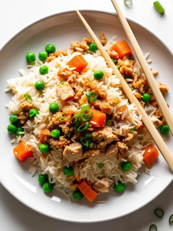 a close-up shot of chicken fried rice on a white plate. fluffy white rice is stir-fried with diced chicken, bright green peas, and orange carrot pieces, garnished with sliced green onions. wooden chopsticks rest on the side of the plate, suggesting a ready-to-eat and flavorful asian dish