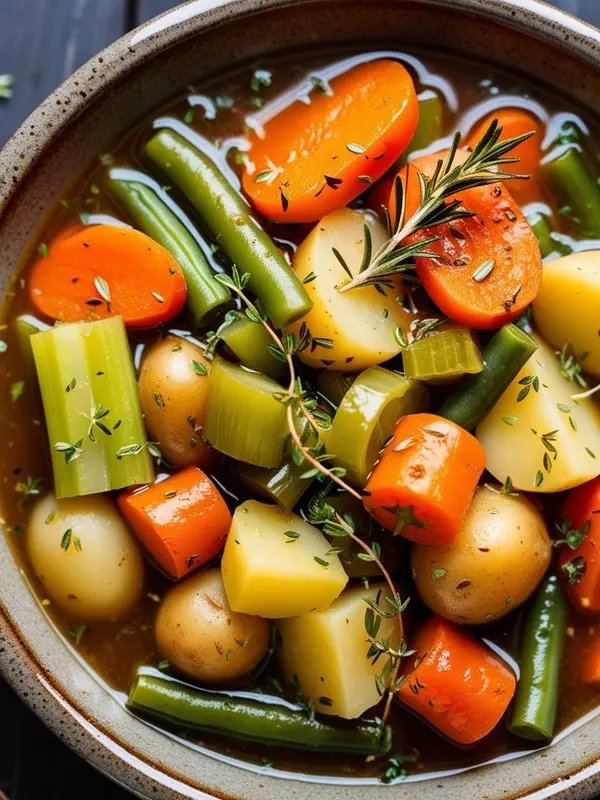 a close-up shot of a rustic bowl filled with a hearty vegetable stew. chunks of orange carrots, green beans, yellow potatoes, and celery are visible in a rich brown broth. fresh rosemary and thyme sprigs garnish the stew, highlighting its savory and comforting nature