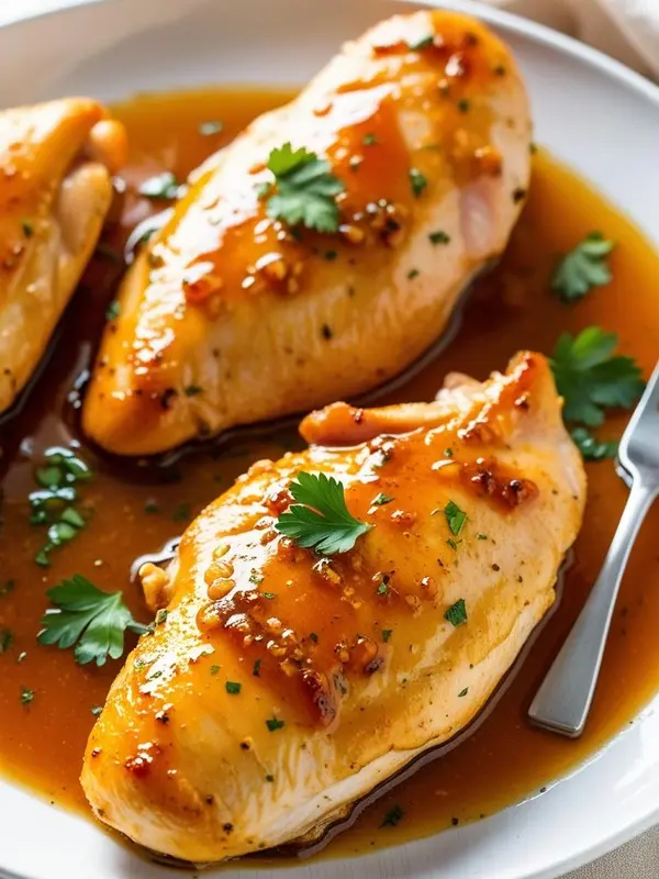 a close-up shot of honey garlic chicken on a white plate. three golden-brown chicken breasts are coated in a glistening honey garlic sauce and garnished with fresh parsley sprigs. a silver fork rests on the side of the plate, suggesting a ready-to-eat, flavorful meal