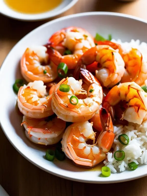 a white plate features a bed of fluffy white rice topped with juicy, glazed honey garlic shrimp. the shrimp are a vibrant orange and glistening with sauce, garnished with fresh green scallions. a small bowl of extra sauce is visible in the blurred background