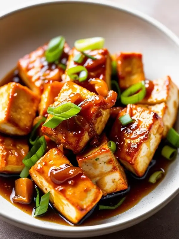 golden-brown tofu cubes are coated in a dark, glossy sauce and garnished with fresh green scallions. the tofu is arranged in a bowl with the sauce pooling at the bottom, highlighting the dish's savory and visually appealing nature
