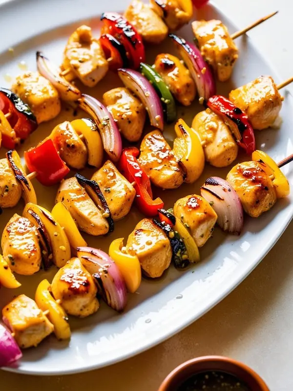three skewers of grilled chicken kabobs are arranged on a white plate, alternating with chunks of red, yellow, and green bell peppers and red onion. the kabobs are glazed with a light sauce, and a small bowl of dark sauce is visible in the corner