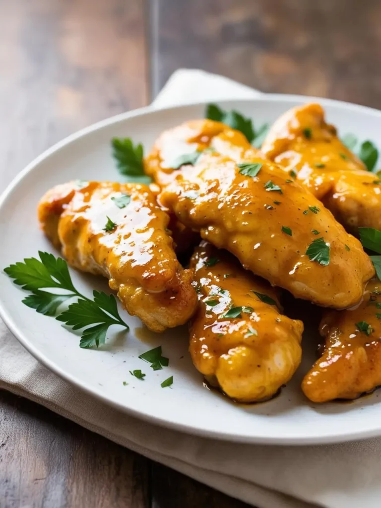 a close-up shot of honey mustard chicken tenders on a white plate. several golden-brown chicken tenders are coated in a glossy honey mustard sauce and garnished with fresh parsley leaves. the flavorful dish sits on a white plate, which rests on a light-colored cloth and a dark wooden surface